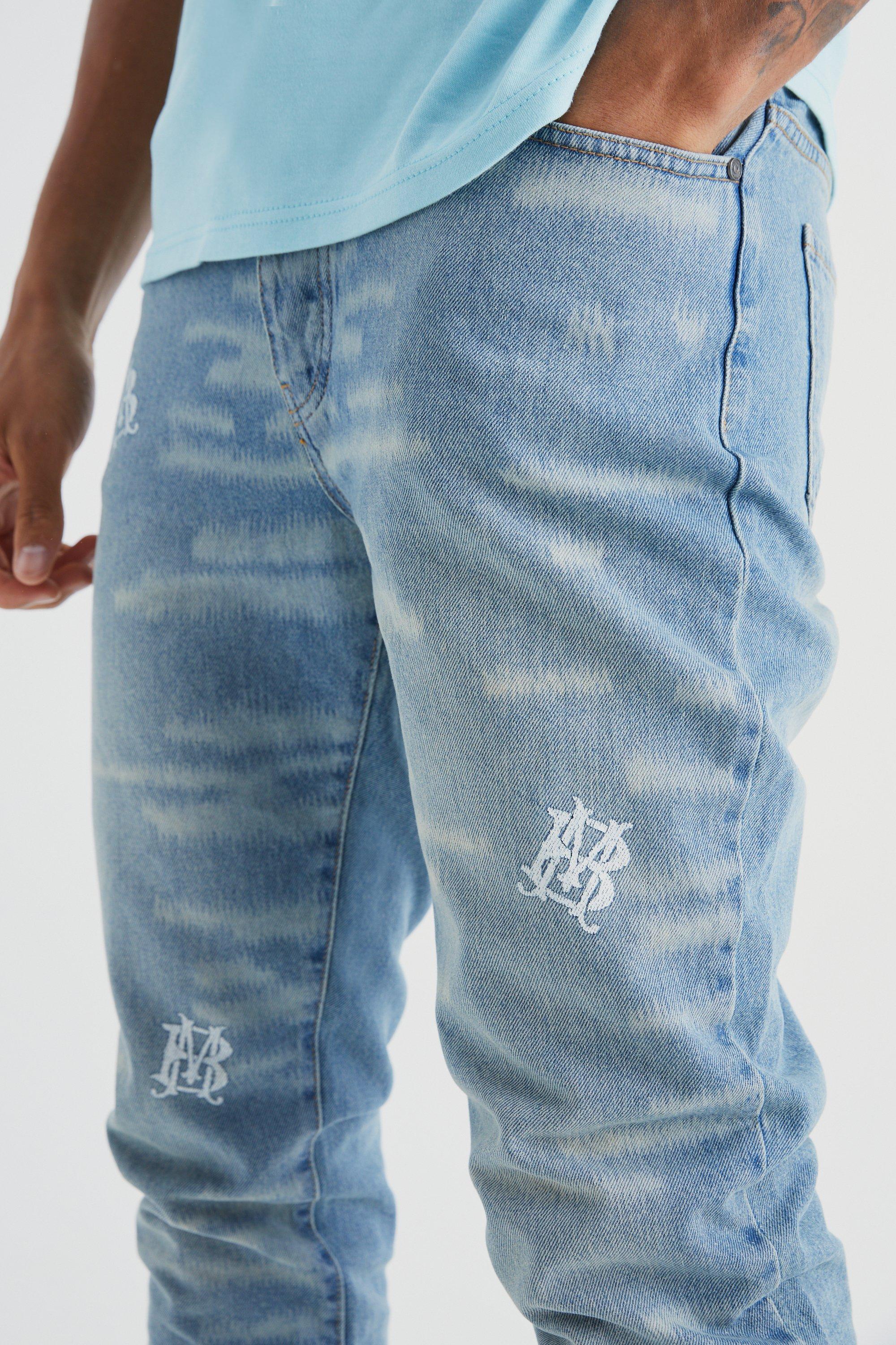 Tall Slim Rigid Stacked Embroidered Gusset Jeans boohoo